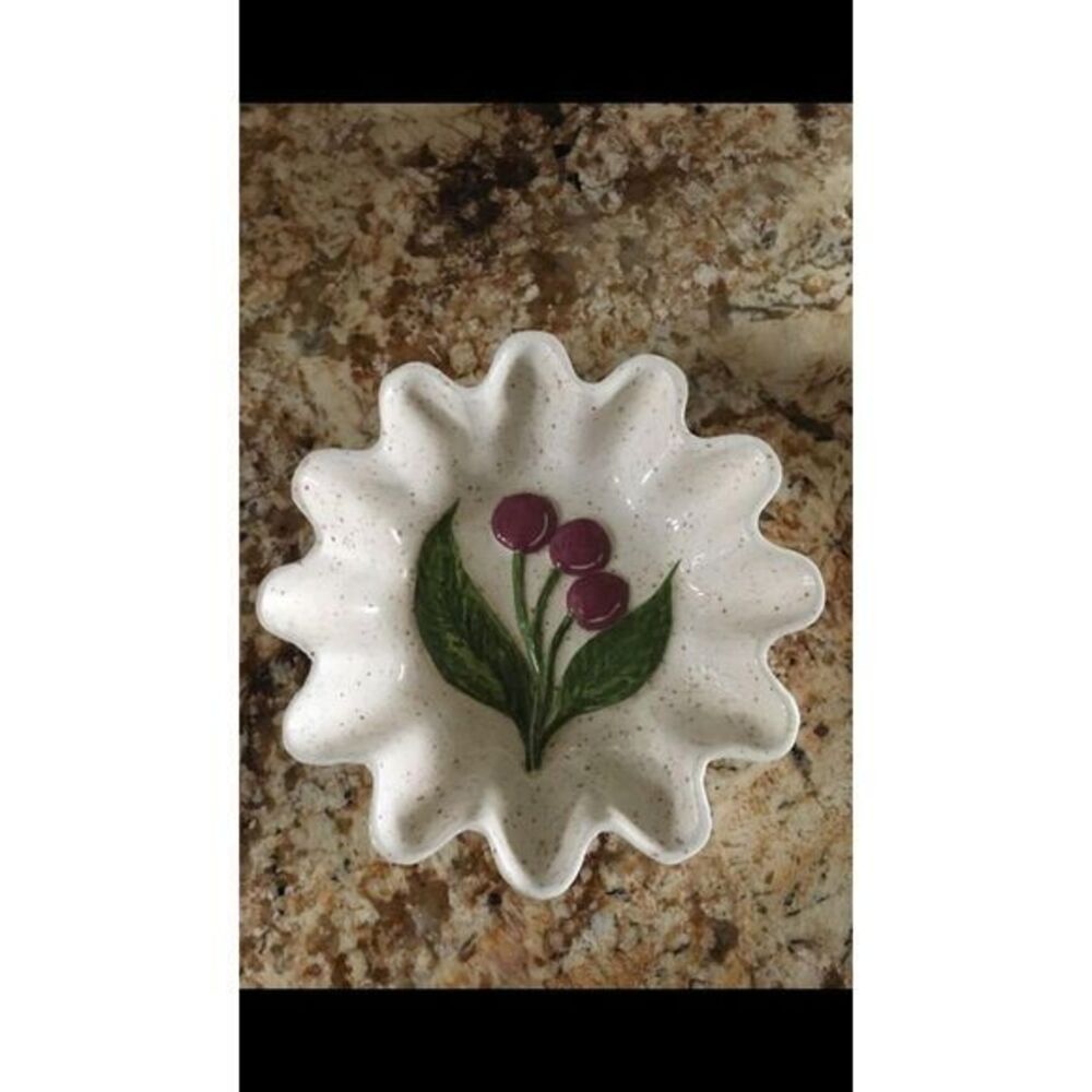 Scallop Wavy Edge Ceramic Bowl with Cherry signed by Annette